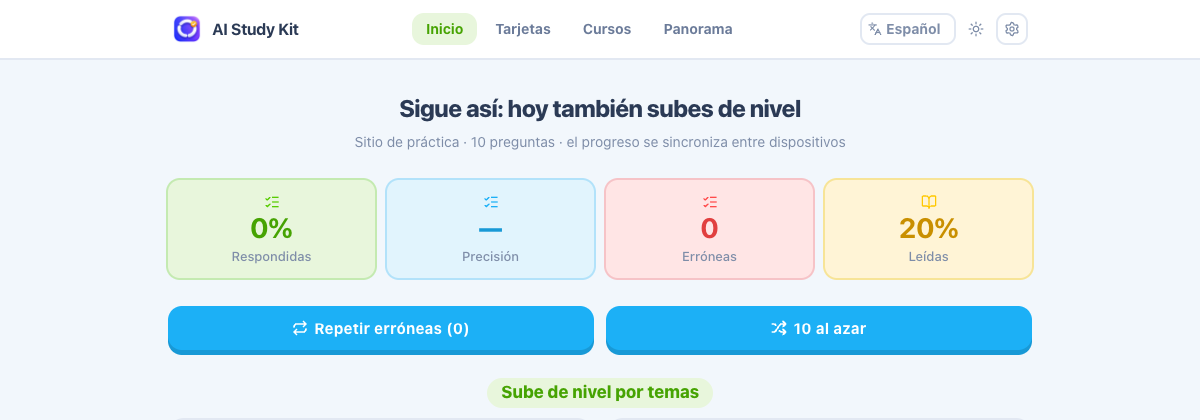 Panel: estadísticas de respondidas, aciertos, erróneas y leídas con accesos a repetir erróneas y práctica aleatoria