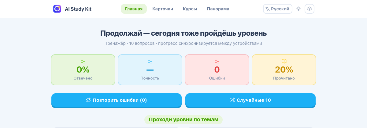 Панель: статистика отвеченных, точности, ошибок и прочитанного с переходами к повтору ошибок и случайной тренировке